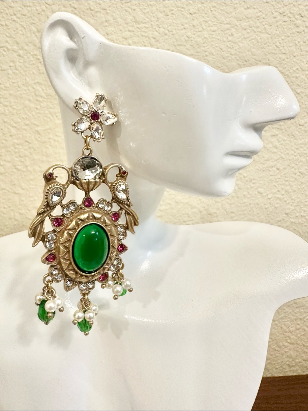 Gold-Tone Green Center Cabochon Statement Drop Earrings w/Crystal Accents